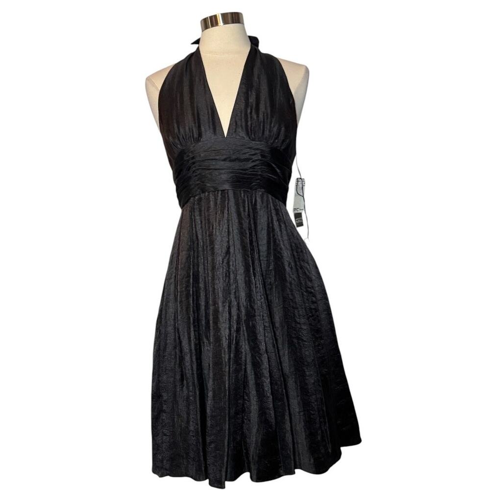 Adrianna Papell Black Plunging Halter Cocktail Dress Womens 12P Petite Formal
